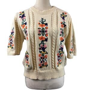 Sweet Generis Cream Floral Embroidered Chunky Knit Sweater Boho Short Sleeve Med